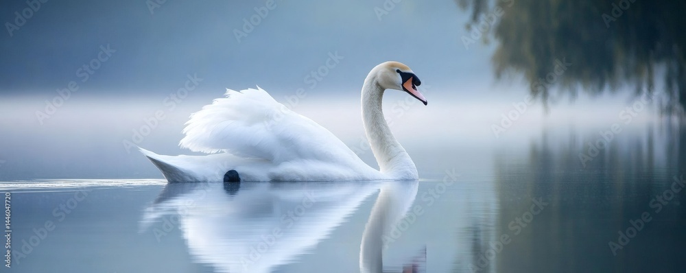 Fototapeta premium A graceful white swan floats peacefully on a calm water surface