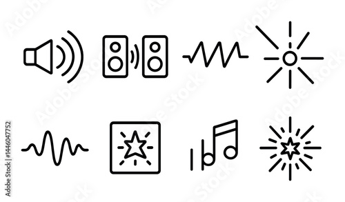 Music and sound outline icons set – linear style audio, rhythm, and melody symbols for creative projects: speaker, sound wave, equalizer, starburst, musical note, volume, waveform, sparkle.