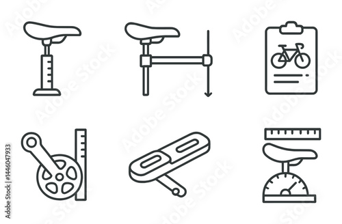 Bike measurement outline icons set - linear style cycling tools and equipment for bicycle geometry: saddle, seat height, bike measurement chart, crankset, pedal, seat angle