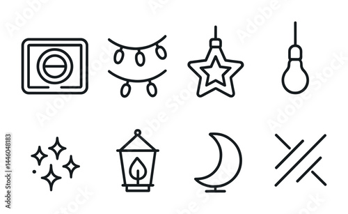 Festive holiday decor icon set – linear style celebration, winter, and festival symbols for seasonal designs: wreath, string lights, star ornament, light bulb, candle lantern, moon, sparkles, lines.
