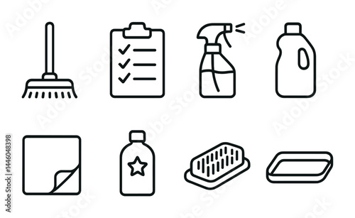 Cleaning tools outline icons set – line style housekeeping, sanitation, and hygiene symbols for home organization: broom, checklist, spray bottle, detergent, cloth, soap, tray.