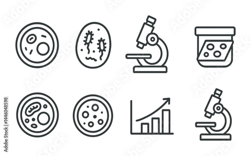 Microscope and lab equipment icons – linear style for scientific research and biology: microscope, petri dish, bacteria, cell, graph, analysis, experiment, culture.