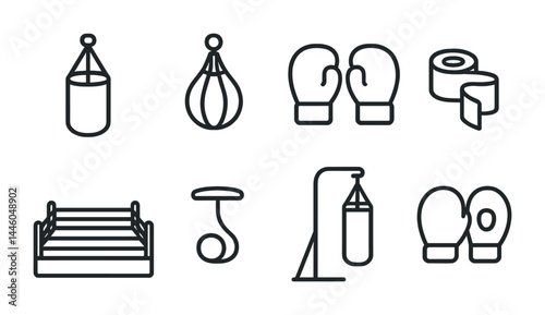 Boxing line icons set – outline style sports, fitness, and training symbols: punching bag, speed bag, boxing gloves, hand wraps, boxing ring, jump rope, boxing stand.