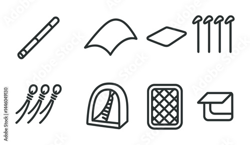 Camping gear outline icons set – linear style outdoor, adventure, and nature symbols for wilderness enthusiasts: tent, sleeping bag, campfire, compass, hiking boots, backpack, lantern.