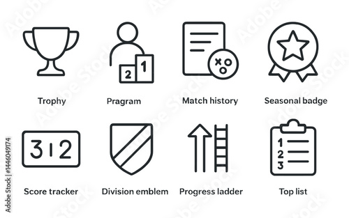 Gaming achievement icons set – line style for game progress, rewards, and leaderboard tracking: trophy, program, match history, seasonal badge, score tracker, division emblem, progress ladder, top
