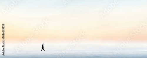 A silhouette of a person walks across a vast open landscape