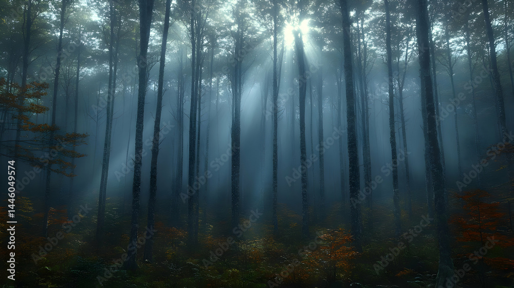 Fototapeta premium Sunbeams Through Misty Forest: Autumn Woodland Scene