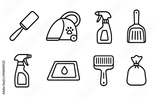 Pet care essentials icon set – outline style for animal cleaning and grooming needs: lint roller, vacuum, spray bottle, dustpan, litter box, pet brush, waste bag.