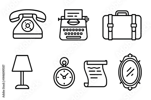 Vintage home and office linear icons set – classic decor, retro communication, and antique style symbols: telephone, typewriter, suitcase, lamp, pocket watch, scroll, mirror