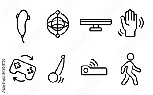 Virtual reality interaction outline icons set – linear style vr, gaming, and hand gesture symbols for immersive experience: joystick, gyroscope, balance board, motion control, vr headset, walking