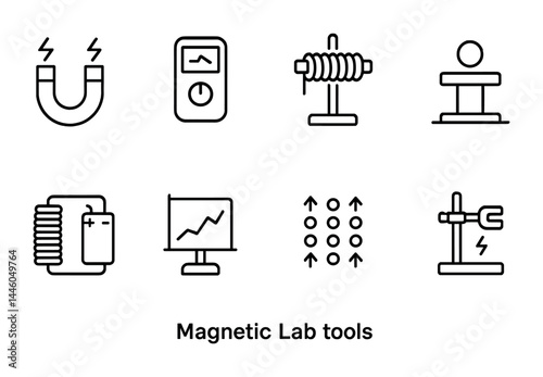 Magnetic lab tools icon set – outline style for physics, education, and scientific illustrations: magnet, multimeter, coil, magnetic field, electromagnet, oscilloscope, clamp, circuit.