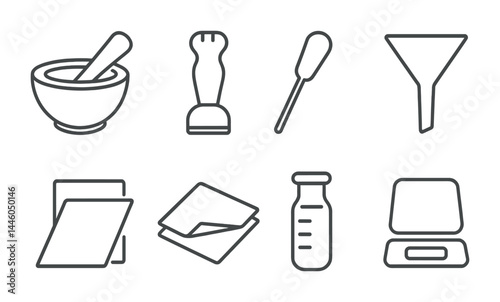 Kitchen tools outline icon set – line style for cooking and culinary enthusiasts: mortar and pestle, blender, dropper, funnel, cutting board, napkin, bottle, scale.