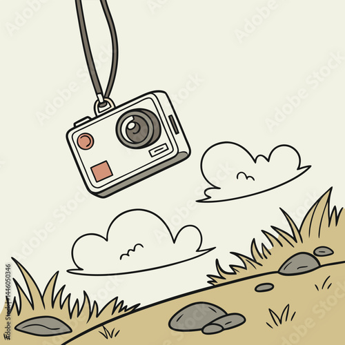 Cartoon camera hanging over a landscape with clouds and grass