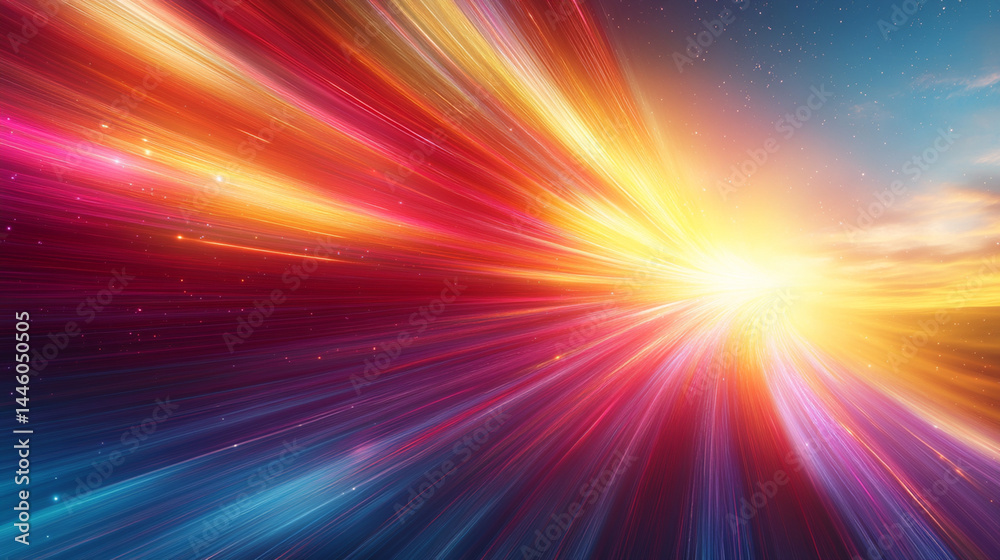 Fototapeta premium Light speed streaks across vibrant sky with sunset and stars