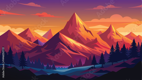 Abstract landscape mountain range illustration with warm color palette and transparency