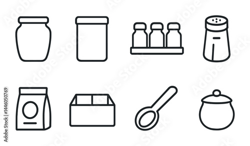 Cooking essentials icon set – outline style kitchen, ingredients, and food preparation symbols for culinary projects: jar, container, bottles, salt, bag, box, spoon, pot.