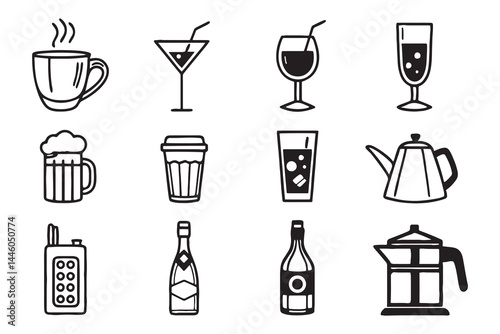 Black and white vector set of drink and beverage icons including coffee cup, cocktail, wine glass, beer mug, soda, teapot, bottle, and moka pot isolated on white for cafe, bar, and kitchen design"