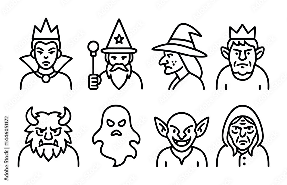 Fototapeta premium Fantasy characters icons – outline style for magic, myth, and adventure: witch, wizard, goblin, ogre, queen, ghost, sorcerer, monster