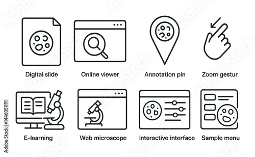 Digital education and science outline icons – linear interactive and learning symbols for technology and research: digital slide, online viewer, annotation pin, zoom gesture