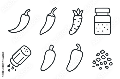 Spice and herb outline icon set – linear style seasoning, cooking, and culinary symbols for kitchen use: chili pepper, carrot, spice jar, salt shaker, jalapeño, peppercorns.