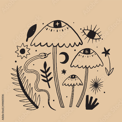Hand-drawn vintage mystical and magic symbols illustration