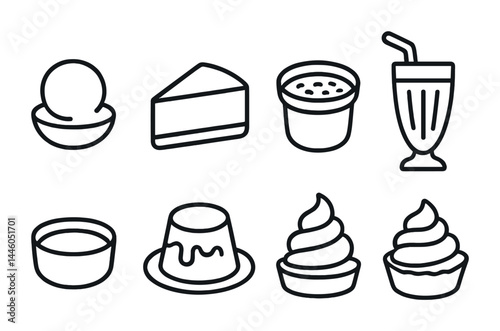 Dessert icons set – outline style for bakery, confectionery, and sweets menus: ice cream, cake slice, pudding, milkshake, custard, flan, soft serve, tart.