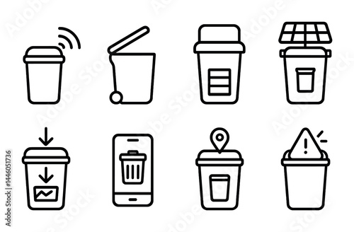 Smart trash bin icon set – outline style waste management, recycling, and eco-friendly symbols for sustainable living: smart bin, recycling can, solar trash, location pin, mobile app.