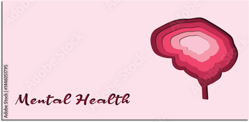 Mental health text typography with human brain sign symbol illustration with copyspace for text paper cut style for banner poster presentation slide vector, Awareness Message,Minimal Brain Art


