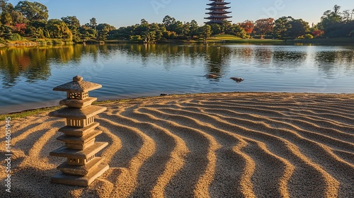 Tranquil Japanese garden scene.  Miniature pagoda on sand. Calm lake, autumn foliage