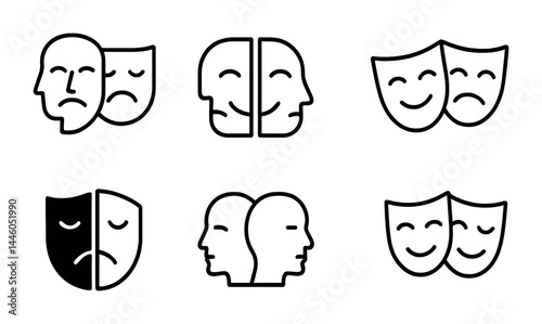 Theater and drama outline icons set – linear style performance, acting, and stage symbols for creative arts: tragedy mask, comedy mask, duality faces, theatrical masks.