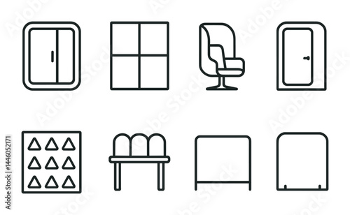 Modern furniture icon set – outline style home decor, interior design, and furnishing symbols: cabinet, sofa, chair, door, carpet, bench, divider, window.
