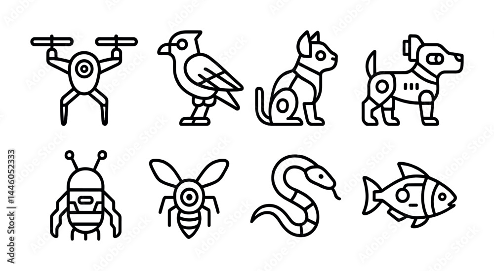 Fototapeta premium Robotic animal icons set – outline style cyborg creatures and futuristic symbols for technology designs: drone, bird, cat, dog, bug, bee, snake, fish.