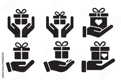 Black silhouette vector set of hands holding gift boxes with ribbon and heart symbols isolated on white background for charity, giving, donation, present icon, customer care, and reward concepts"