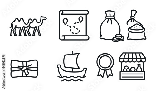 Ancient trade and commerce outline icons set – linear style historic, marketplace, and barter symbols for economic history: camel caravan, trade route, sack of rice, fabric roll, ship, emblem, market