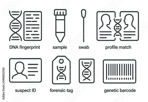 Forensic science outline icons – linear style crime investigation, dna analysis, and evidence symbols: dna fingerprint, sample, swab, profile match, suspect id, forensic tag.
