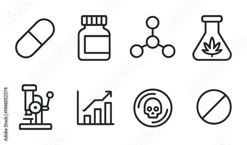 Pharmacy and chemistry icon set – outline style medical, laboratory, and science symbols: pill, medicine bottle, molecule, flask, microscope, graph, skull, prohibition.