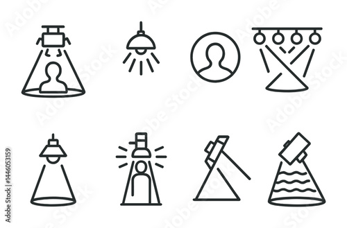Concert and stage outline icons set – linear style for event planning, lighting design, and entertainment: spotlight, lamp, profile, stage lights, silhouette, illumination.