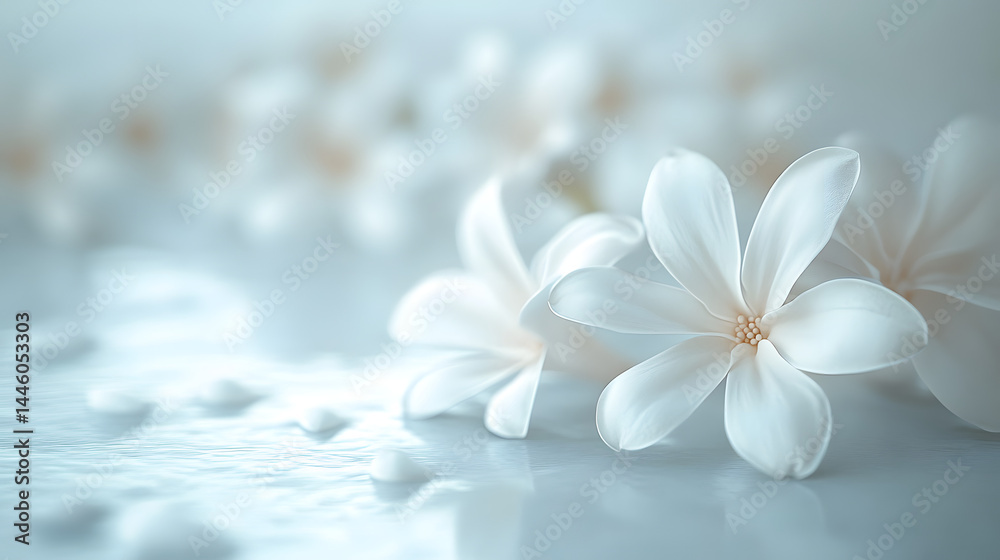 Delicate white flowers on horizontal pure white background nature still life serene ambiance