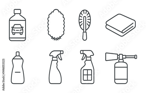 Car cleaning and detailing icons set – outline style auto care, maintenance, and vehicle cleaning symbols: soap bottle, sponge, brush, towel, spray, cleaner, pressure washer.