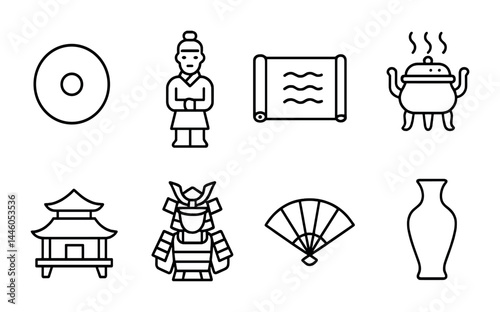 Traditional asian icon set featuring samurai warrior, temple, and antique artifacts