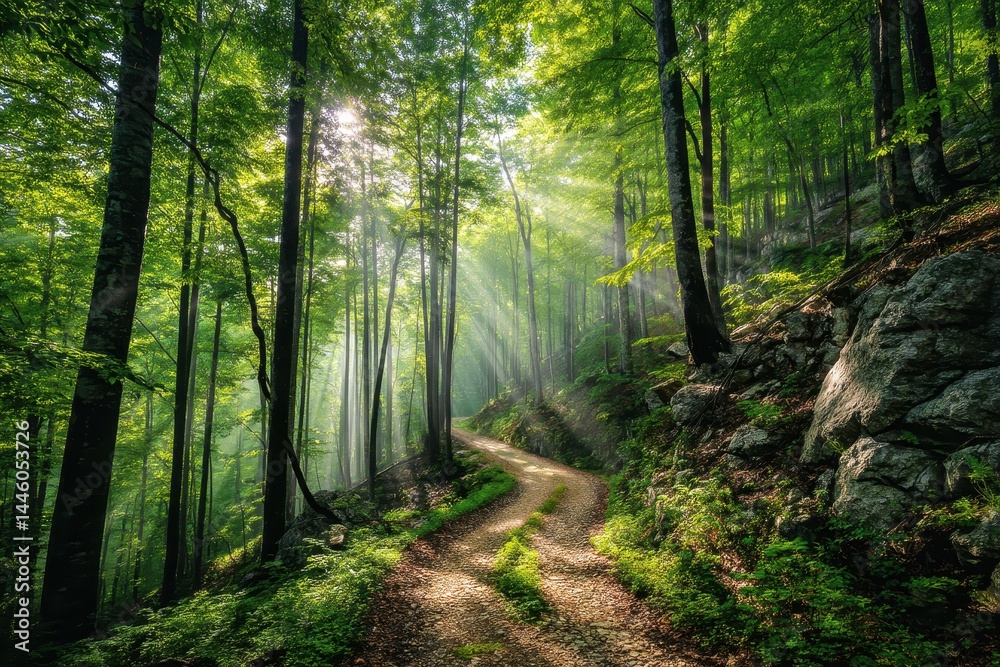 Fototapeta premium A winding dirt path through a lush green forest with sunlight streaming through tall trees.