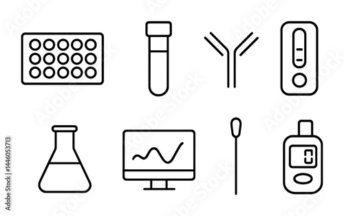 Medical equipment linear icons set – outline style healthcare, diagnosis, and laboratory symbols for medical practice: test tube, antibodies, beaker, swab, monitor, glucose meter.