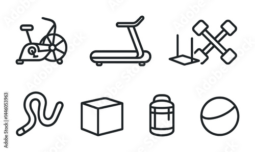 Fitness and gym outline icons set – linear style workout, exercise equipment, and health symbols for wellness and training: exercise bike, treadmill, dumbbells, skipping rope, protein jar, yoga ball.
