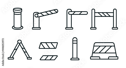 Traffic control outline icon set – line style safety, road, and barrier symbols for navigation: bollard, barrier gate, roadblock, barricade, safety cone, traffic drum, hoarding.