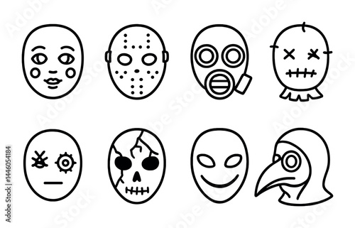 Halloween horror mask outline icons set – spooky symbols for halloween, scary costume, and horror design: clown, hockey mask, gas mask, voodoo doll, patched eye, skull, alien, plague doctor.