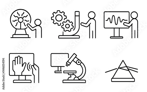 Science and technology icon set - outline style innovation, research, and laboratory symbols for educational tools: experiment, microscope, gears, touch screen, prism, wave analysis.