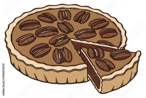 93 pecan pie, photorealistic, high detail, rich brown color, golden crust, fluted edges, whole pecans, glistening filling, overhead view, isolated on white background, food photography, soft lighting,