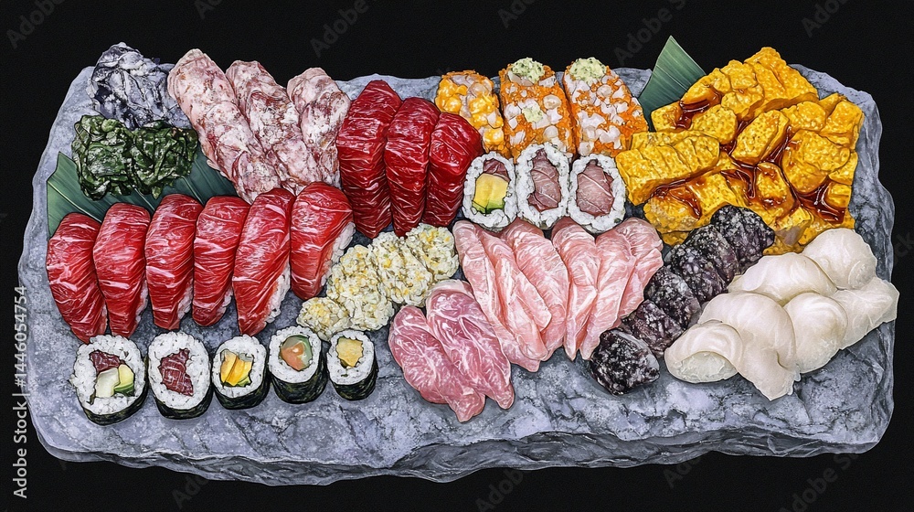 Exquisite sushi platter showcasing diverse fish and seafood delicacies. A variety of nigiri, maki, sashimi, and other Japanese dishes, presented artistically on a stone slab