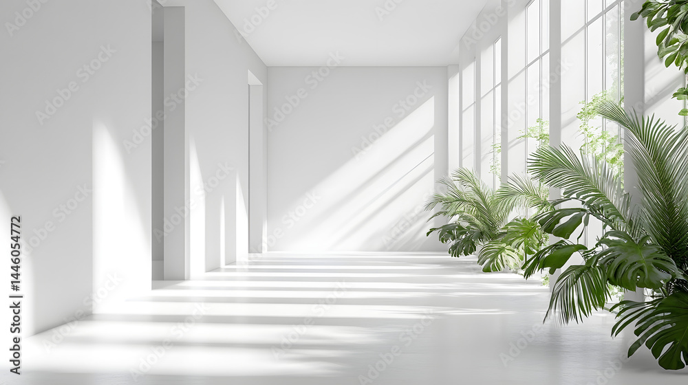 Fototapeta premium Modern indoor space with natural light and green plants minimalist design bright environment