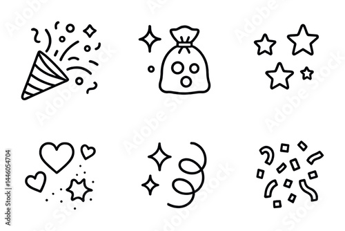 Celebration and party outline icon set – linear style festivity, event, and joy symbols for invitations: confetti, gift bag, stars, hearts, sparkles, decorations.